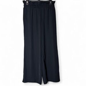 Black Wide Leg Flowy Ruffle High Waisted Pants Pockets Elastic Womens Large Work